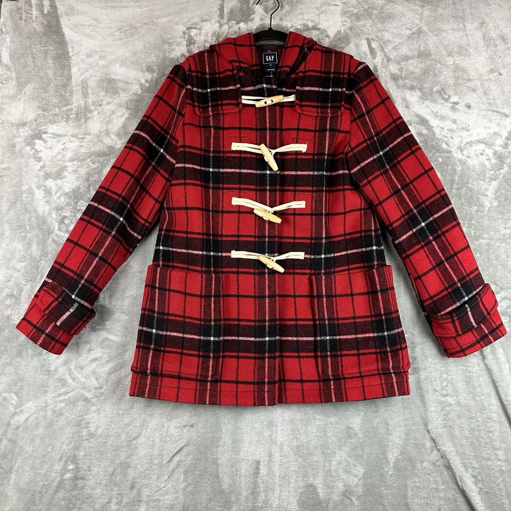 Gap Toggle Coat Women's M Red Black Tartan Plaid Zip Closure Wool Blend Hood